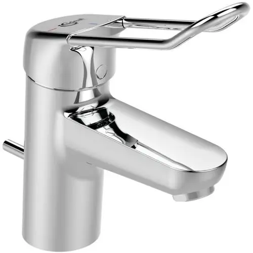 Chromfarbene Ideal Standard Armatur mit Bügelgriff und Abflussgarnitur, präsentiert in einem minimalistischen Design.